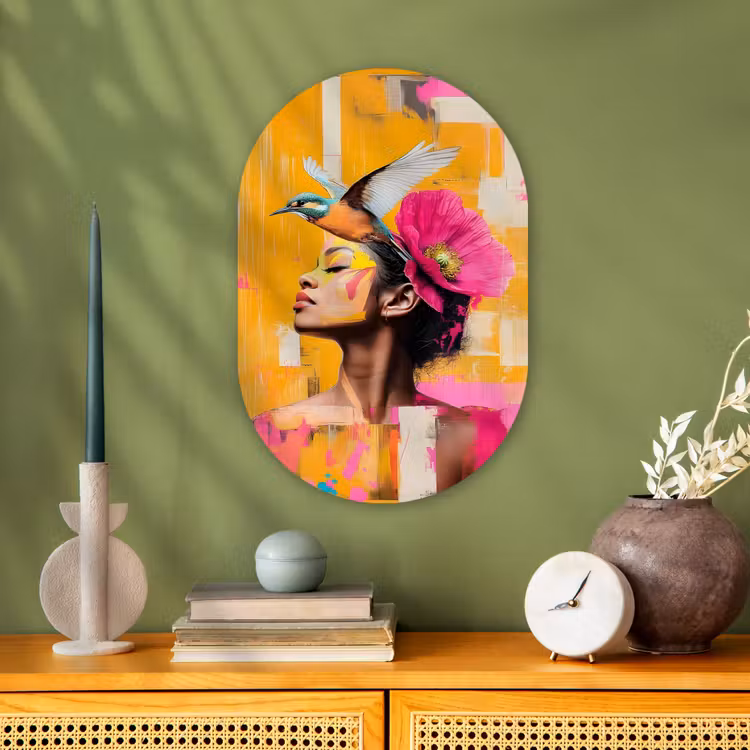 Vogel - Vrouw - Abstract - Bloem Wandcirkel Ovaal Forex klein -sfeer2