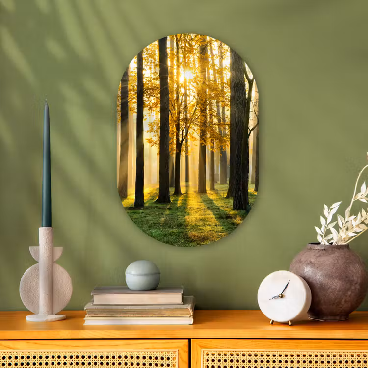 Bos - Zon - Bomen - Gras - Landschap - Natuur Wandcirkel Ovaal Forex klein -sfeer2