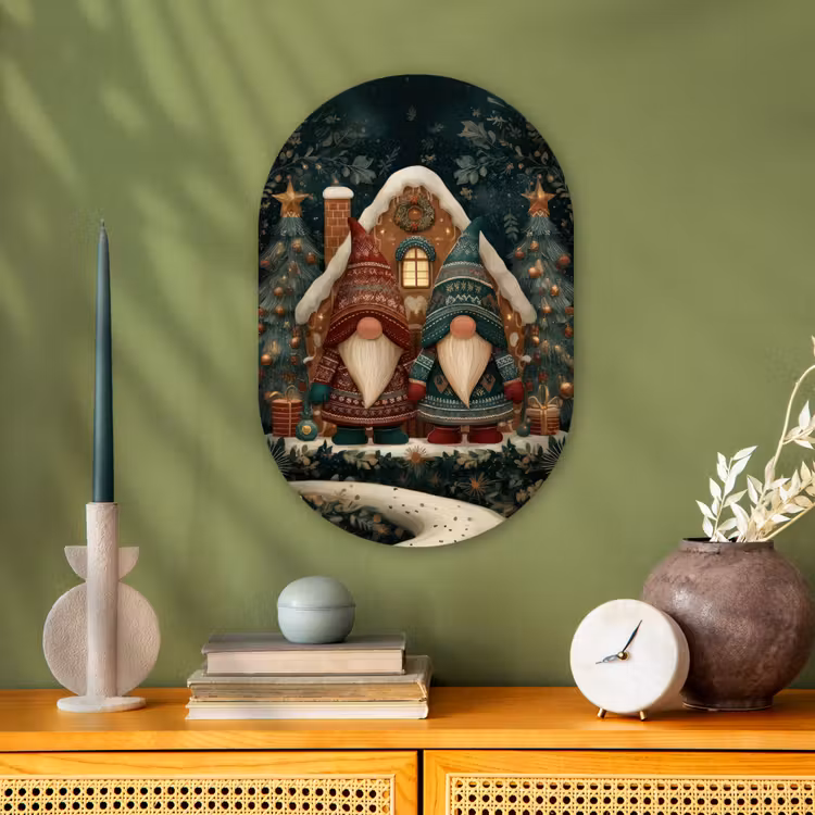 Kerst - Gnomen - Peperkoekhuisje - Rood - Groen Wandcirkel Ovaal Forex klein -sfeer2