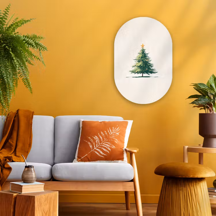 Kerstboom - Illustratie - Ster - Sneeuw Wandcirkel Ovaal Forex klein -sfeer4