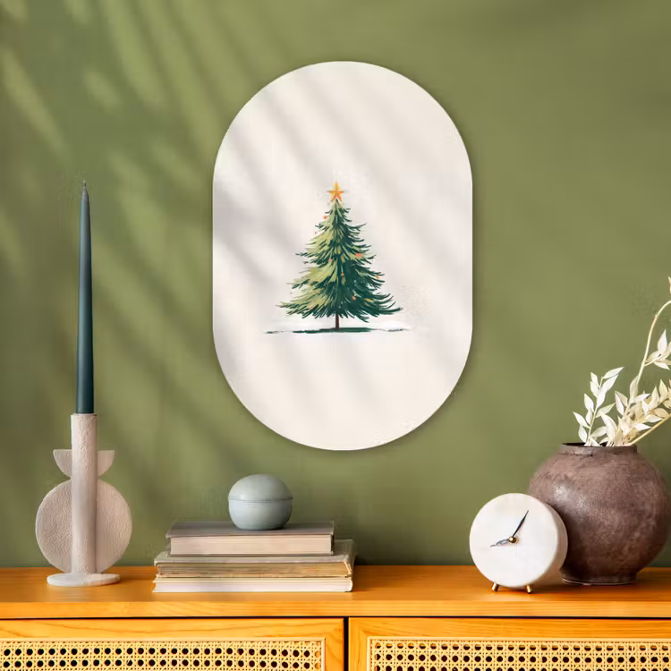 Kerstboom - Illustratie - Ster - Sneeuw Wandcirkel Ovaal Forex klein -sfeer2