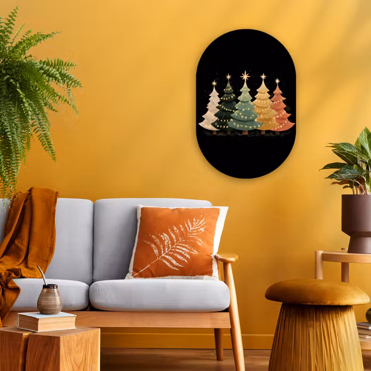 Kerstbomen - Kleurrijk - Lichtjes - Ster Wandcirkel Ovaal Forex klein -sfeer4
