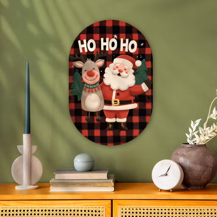 Kerstman - Rendier - Tekst - Rood - Zwart Wandcirkel Ovaal Forex klein -sfeer2