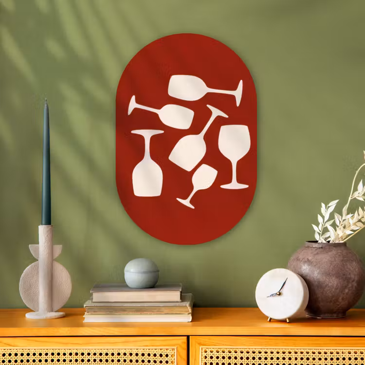 Wijnglazen - Silhouetten - Wit Wandcirkel Ovaal Forex klein -sfeer2