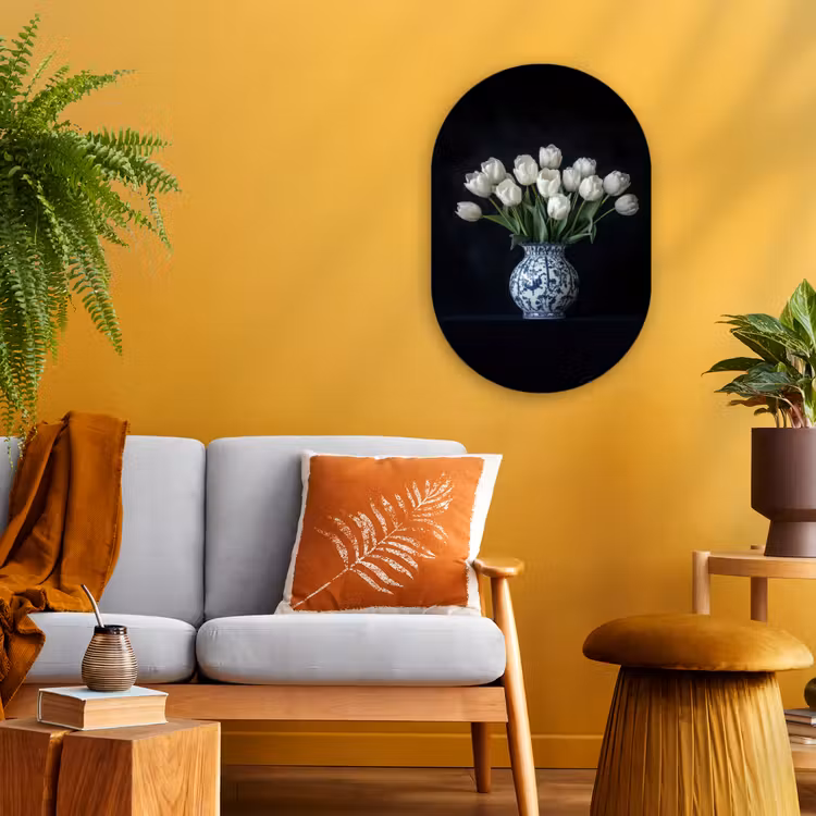 Wit - Bloemen - Tulpen - Vaas Wandcirkel Ovaal Forex klein -sfeer4