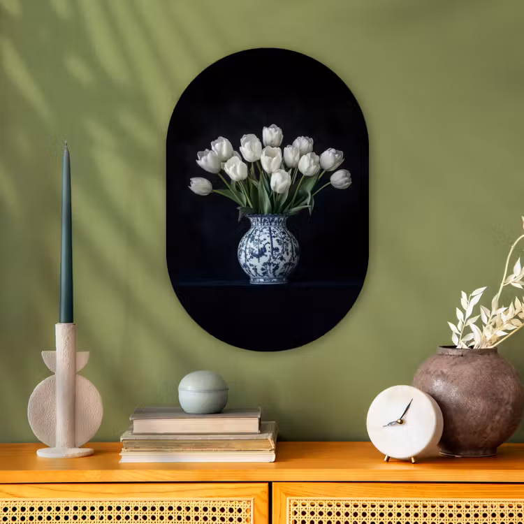 Wit - Bloemen - Tulpen - Vaas Wandcirkel Ovaal Forex klein -sfeer2
