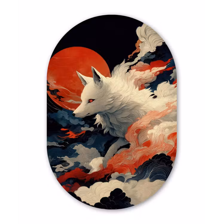 Witte vos - wolken - maan Wandcirkel Ovaal Forex klein -3d