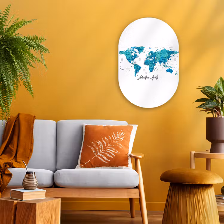 Wereldkaart - Blauw - Kleurrijk Wandcirkel Ovaal Forex klein -sfeer4