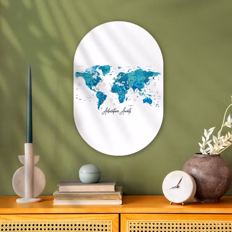 Wereldkaart - Blauw - Kleurrijk Wandcirkel Ovaal Forex klein -sfeer2