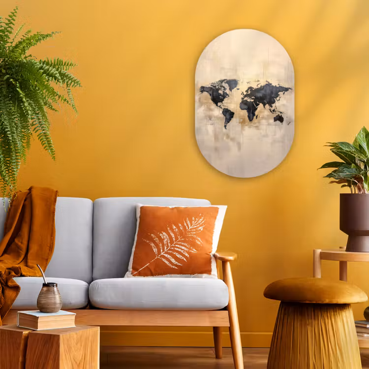Wereldkaart - Goud - Zwart - Abstract Wandcirkel Ovaal Forex klein -sfeer4