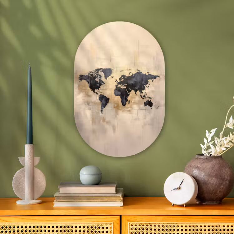 Wereldkaart - Goud - Zwart - Abstract Wandcirkel Ovaal Forex klein -sfeer2