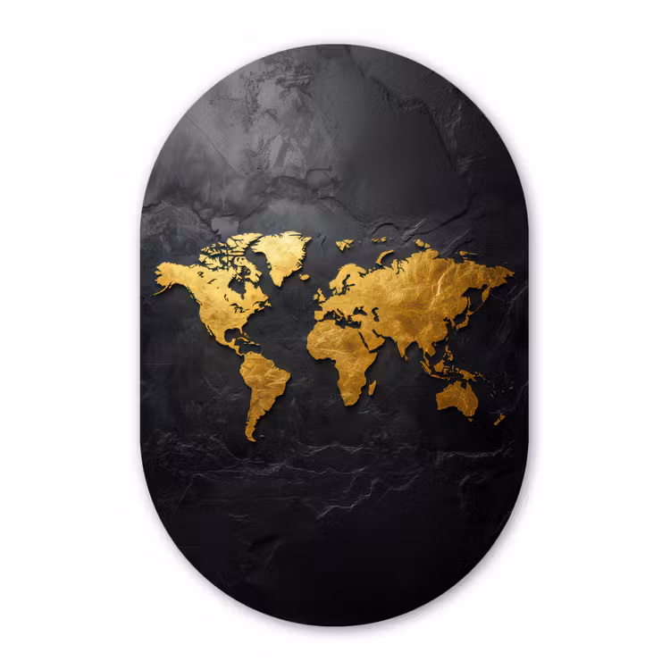 Wereldkaart - Goud - Steen Wandcirkel Ovaal Forex klein -3d