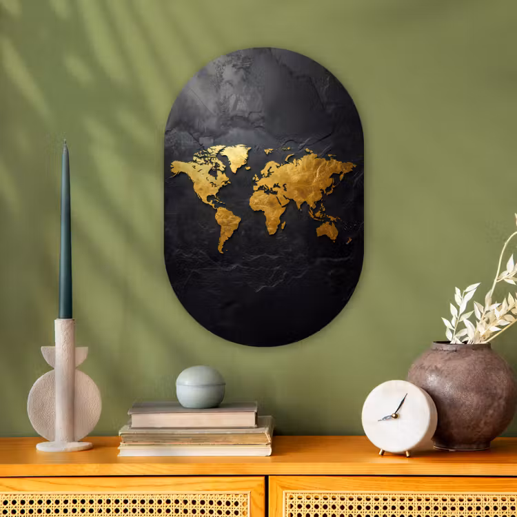 Wereldkaart - Goud - Steen Wandcirkel Ovaal Forex klein -sfeer2