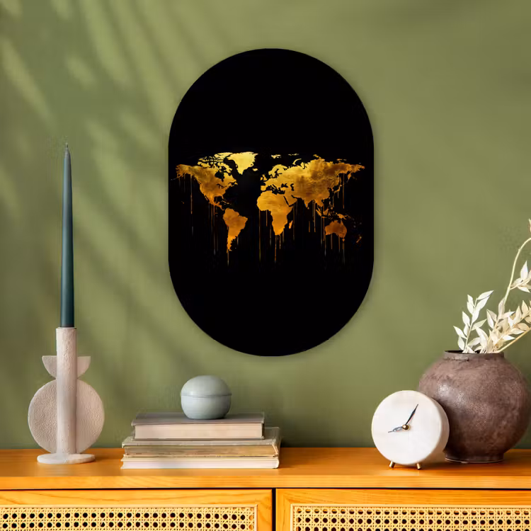 Wereldkaart - Goud - Druipen - Zwart Wandcirkel Ovaal Forex klein -sfeer2