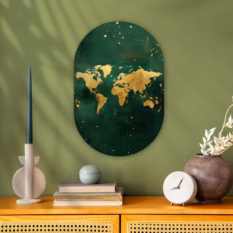 Wereldkaart - Groen - Goud Wandcirkel Ovaal Forex klein -sfeer2