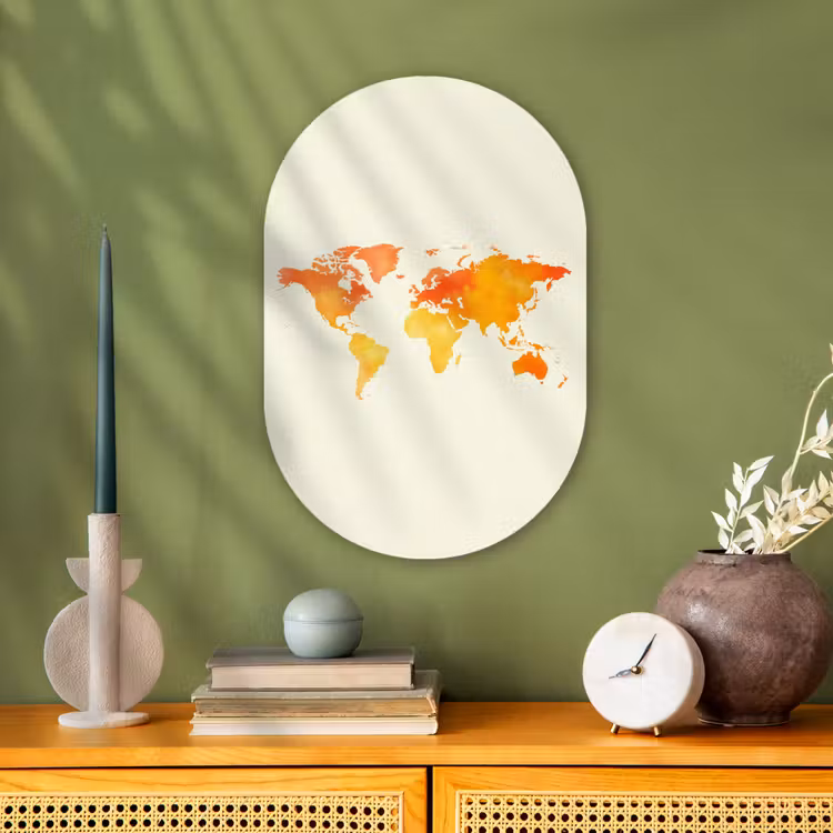 Wereldkaart - Oranje - Kleurrijk Wandcirkel Ovaal Forex klein -sfeer2