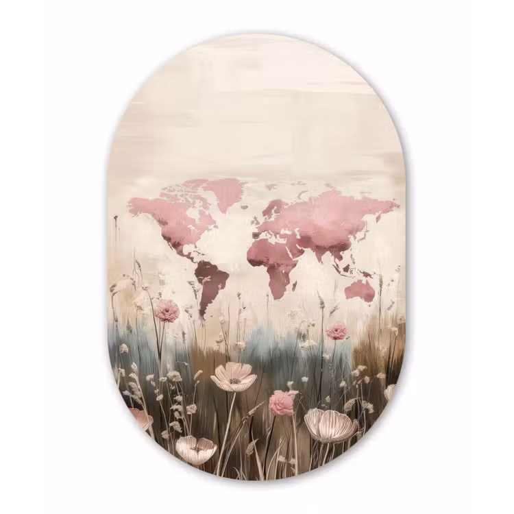 Wereldkaart - Roze - Bloemen Wandcirkel Ovaal Forex klein -3d