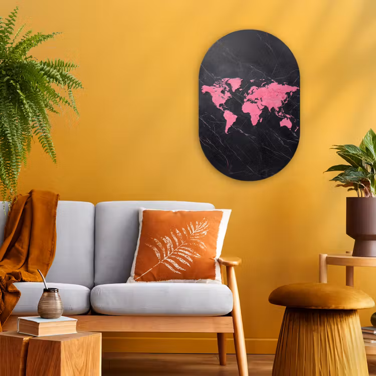 Wereldkaart - Roze - Marmer Wandcirkel Ovaal Forex klein -sfeer4