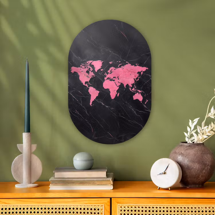 Wereldkaart - Roze - Marmer Wandcirkel Ovaal Forex klein -sfeer2