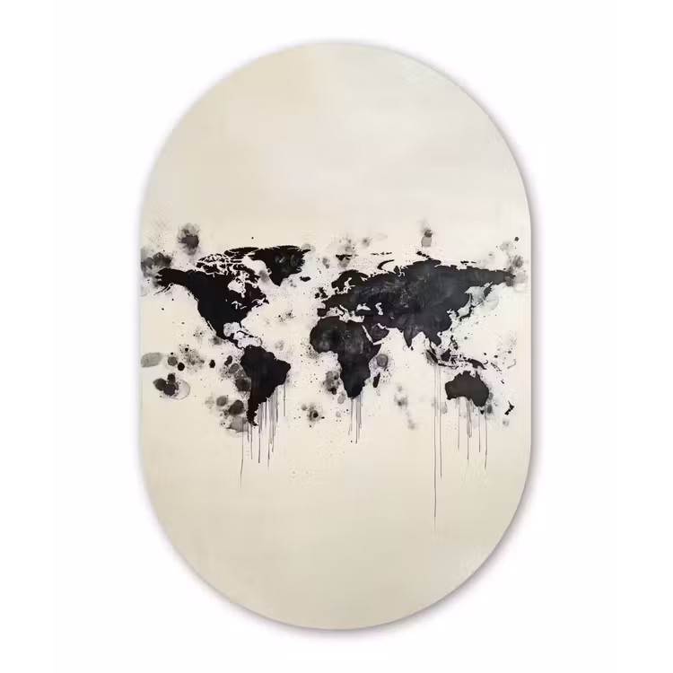 Wereldkaart - Zwart - Inkt Wandcirkel Ovaal Forex klein -3d