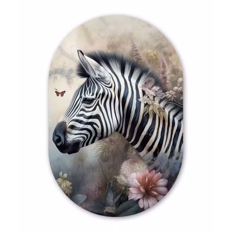 Zebra - Wilde dieren - Vlinder - Bloemen Wandcirkel Ovaal Forex klein -3d