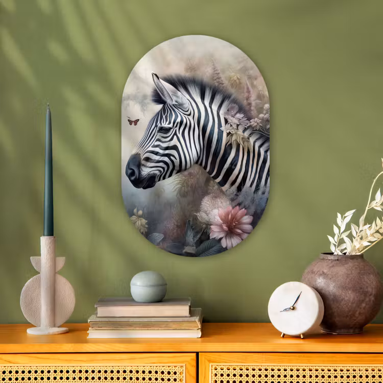 Zebra - Wilde dieren - Vlinder - Bloemen Wandcirkel Ovaal Forex klein -sfeer2