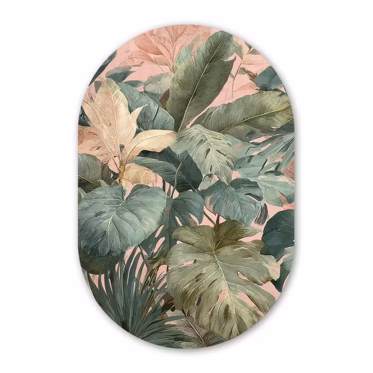 Compositie van bladeren - Groen - Roze Wandcirkel Ovaal Forex klein -3d