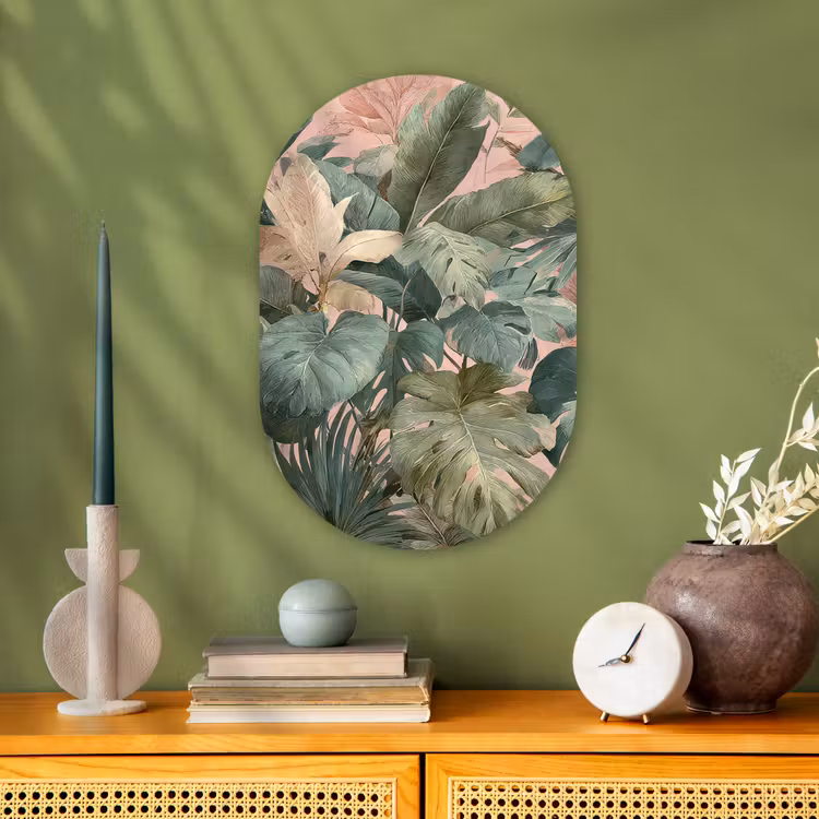 Compositie van bladeren - Groen - Roze Wandcirkel Ovaal Forex klein -sfeer2