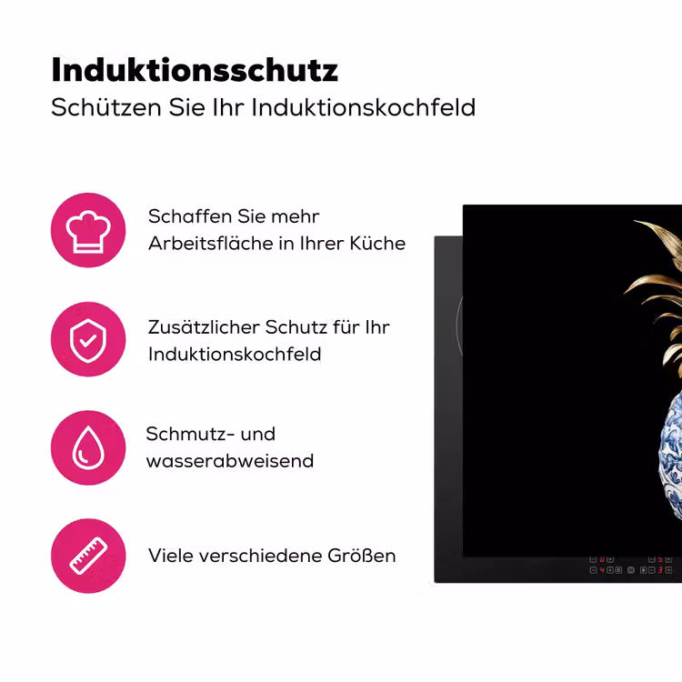 Ananas - Bloemen patroon - Goud - Delftsblauw Inductie beschermer vinyl 3mm klein -zzzzzzz-lf-ups