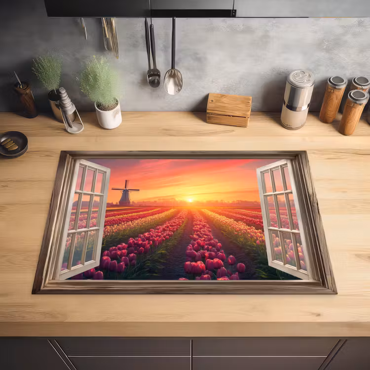 Doorkijk - Tulpen - Zonsondergang - Bloemen - Kleurrijk Inductie beschermer vinyl 3mm klein -sfeer5