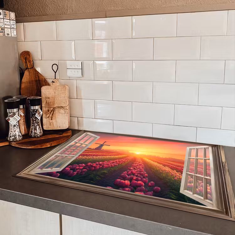 Doorkijk - Tulpen - Zonsondergang - Bloemen - Kleurrijk Inductie beschermer vinyl 3mm klein -sfeer3