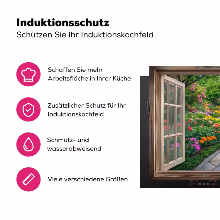 Doorkijk - Bloemen - Tuinpad - Natuur - Raam Inductie beschermer vinyl 3mm klein -zzzzzzz-lf-ups