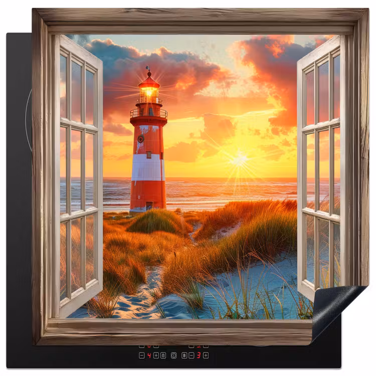 Doorkijk - Raam - Vuurtoren - Zonsondergang - Strand Inductie beschermer vinyl 3mm middel -3d