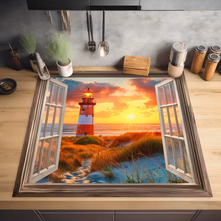 Doorkijk - Raam - Vuurtoren - Zonsondergang - Strand Inductie beschermer vinyl 3mm middel -sfeer5