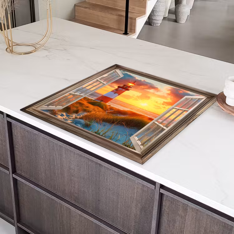 Doorkijk - Raam - Vuurtoren - Zonsondergang - Strand Inductie beschermer vinyl 3mm middel -sfeer8