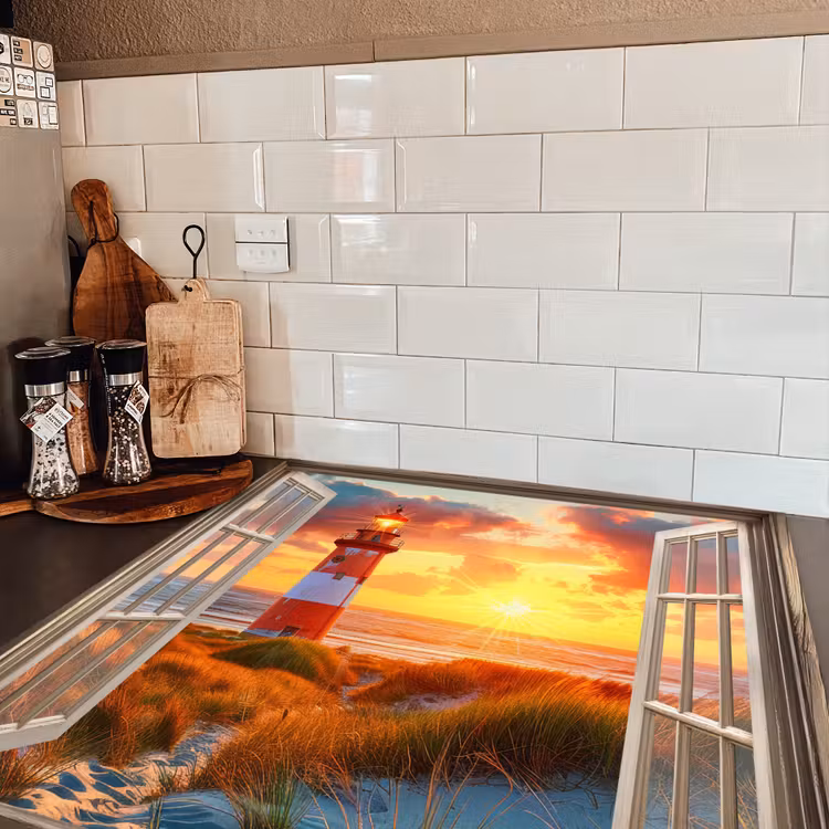 Doorkijk - Raam - Vuurtoren - Zonsondergang - Strand Inductie beschermer vinyl 3mm middel -sfeer3