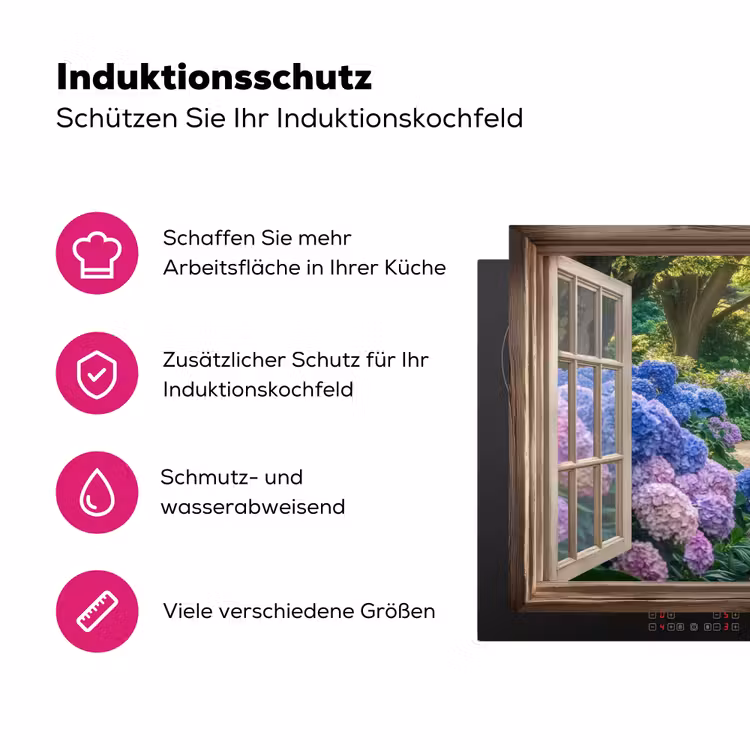 Doorkijk - Tuin - Raam - Hortensia - Bloemen Inductie beschermer vinyl 3mm klein -zzzzzzz-lf-ups