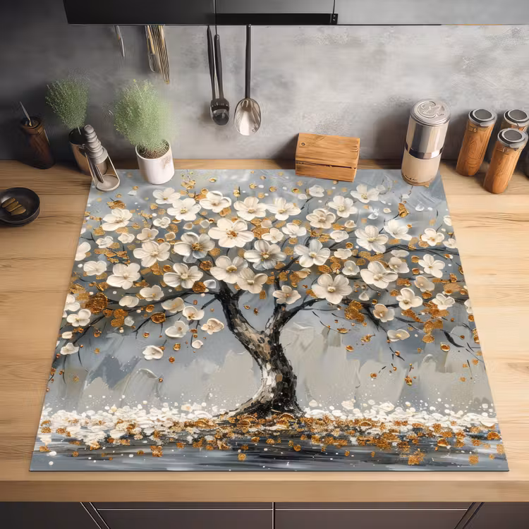 Boom - Bloemen - Wit - Natuur - Kunst Inductie beschermer vinyl 3mm middel -sfeer5