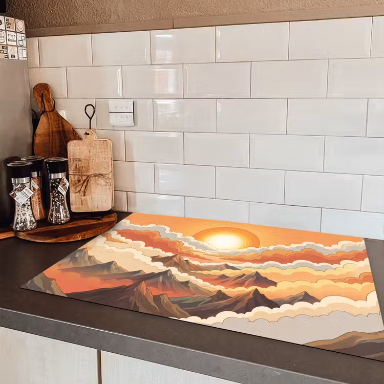Bergen - Wolken - Natuur - Zonsopgang - Oranje Inductie beschermer vinyl 3mm klein -sfeer3