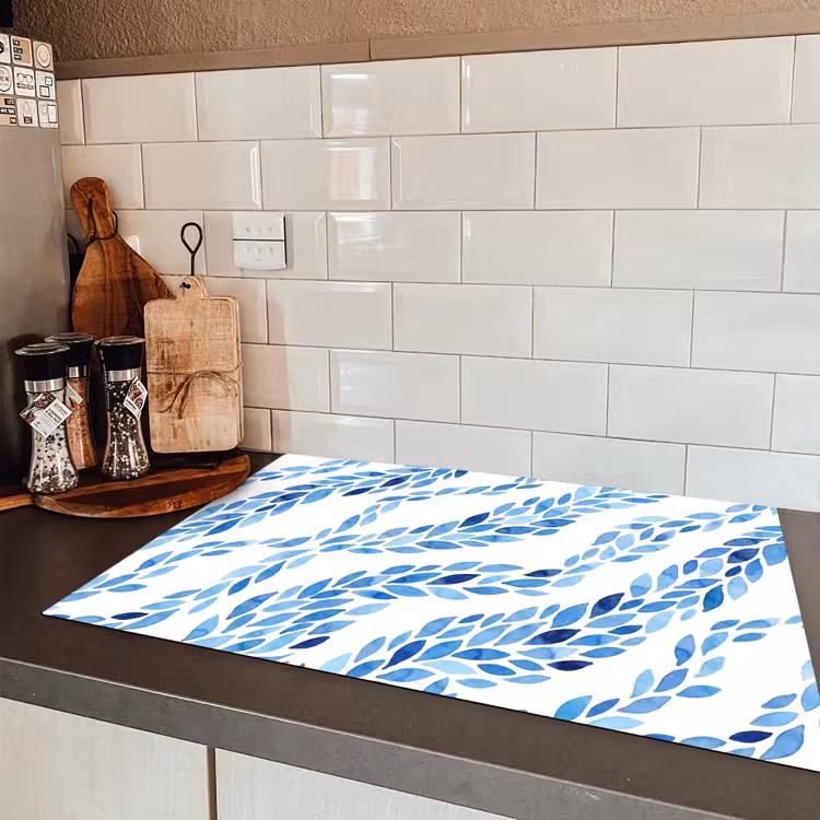 Bladeren - Aquarel - Patroon - Modern - Blauw Inductie beschermer vinyl 3mm klein -sfeer3