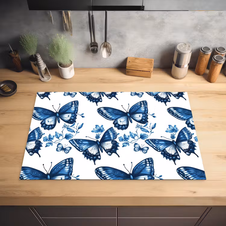 Blauw - Vlinders - Bloemen - Wit Inductie beschermer vinyl 3mm klein 276 -sfeer5