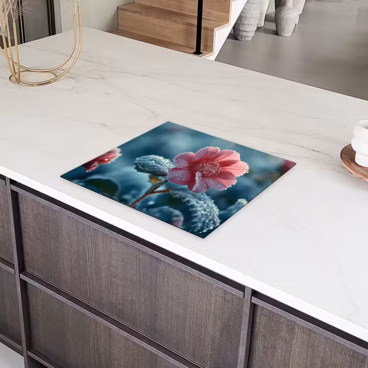 Bloem - Roze - Winter - Druppels Inductie beschermer vinyl 3mm middel -sfeer8