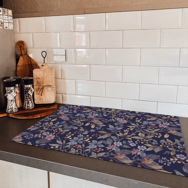 Bloemen - Bladeren - Patroon - Botanisch - Donkerblauw Inductie beschermer vinyl 3mm klein -sfeer3