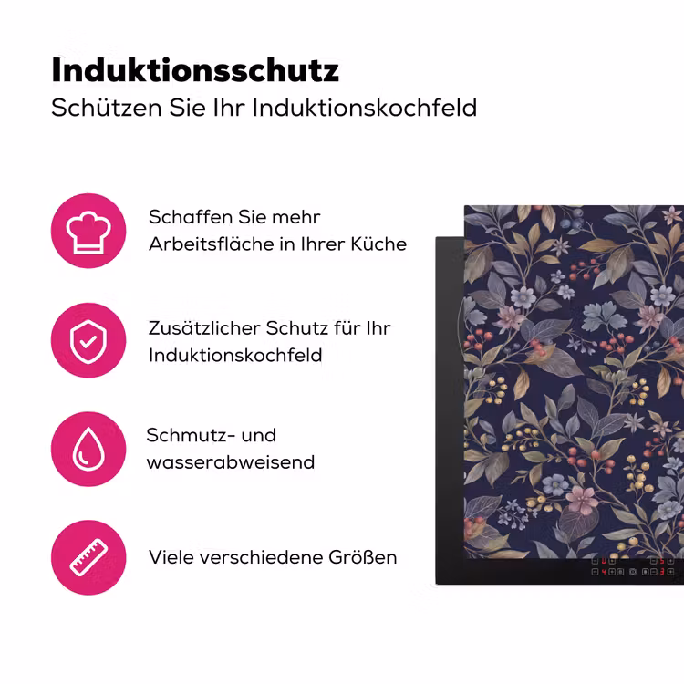 Bloemen - Bladeren - Patroon - Botanisch - Donkerblauw Inductie beschermer vinyl 3mm klein -zzzzzzz-lf-ups