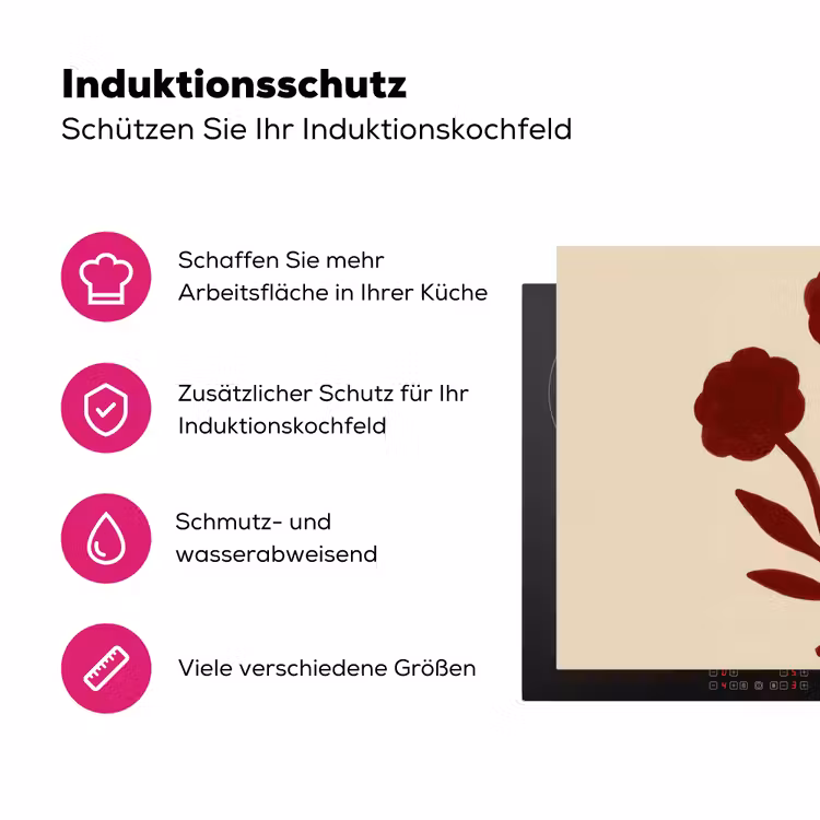 Bloemen - Bladeren - Rood - Minimalistisch Inductie beschermer vinyl 3mm klein -zzzzzzz-lf-ups