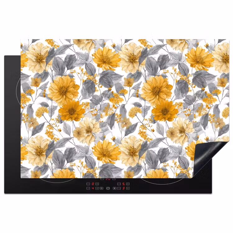 Bloemen - Botanisch - Elegant - Okergeel - Grijs Inductie beschermer vinyl 3mm klein 276 -3d