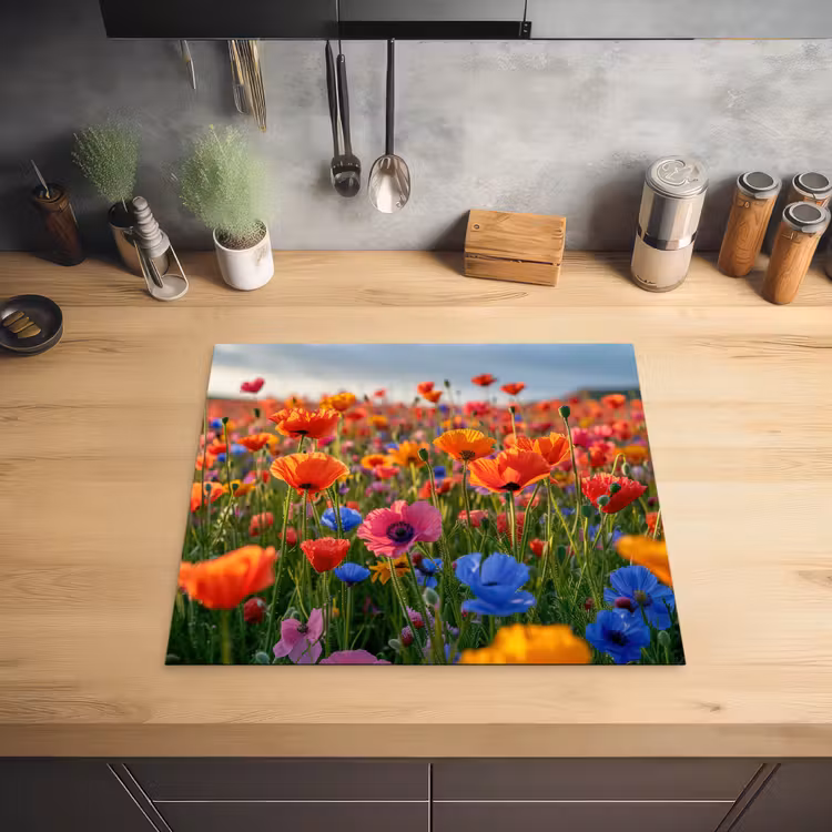 Bloemen - Kleurrijk - Bloemenveld - Planten - Oranje Inductie beschermer vinyl 3mm middel -sfeer5