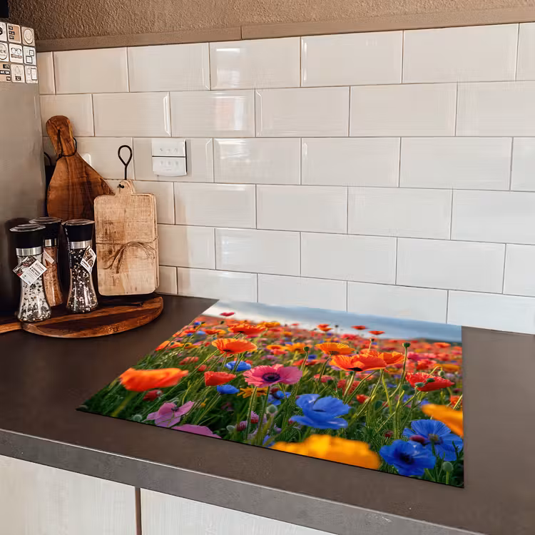 Bloemen - Kleurrijk - Bloemenveld - Planten - Oranje Inductie beschermer vinyl 3mm middel -sfeer3