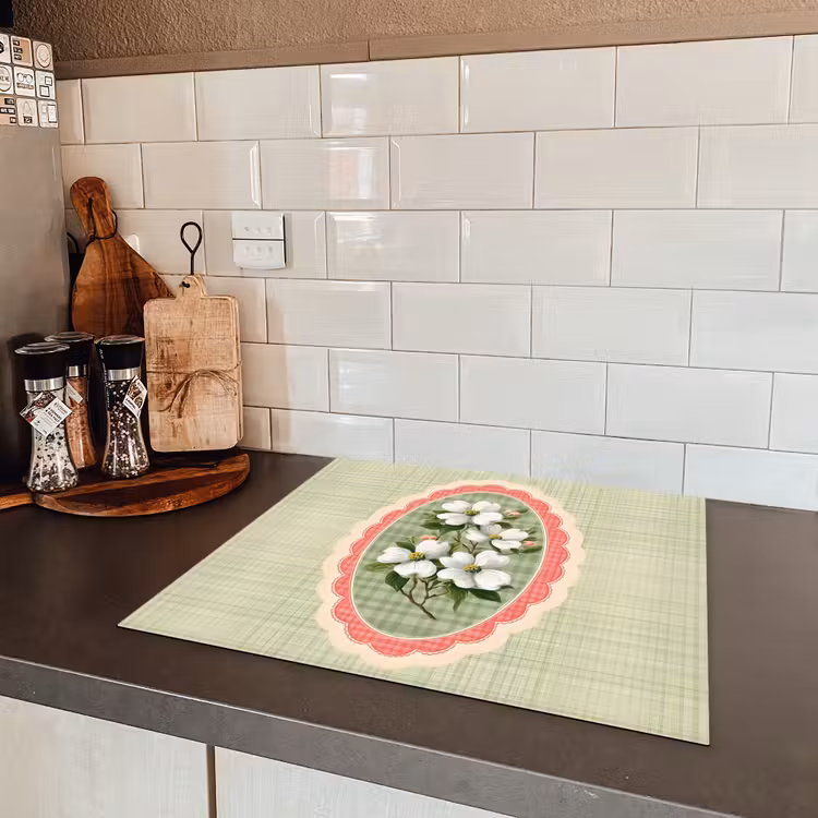 Bloemen - Illustratie - Geruit - Groen Inductie beschermer vinyl 3mm middel -sfeer3