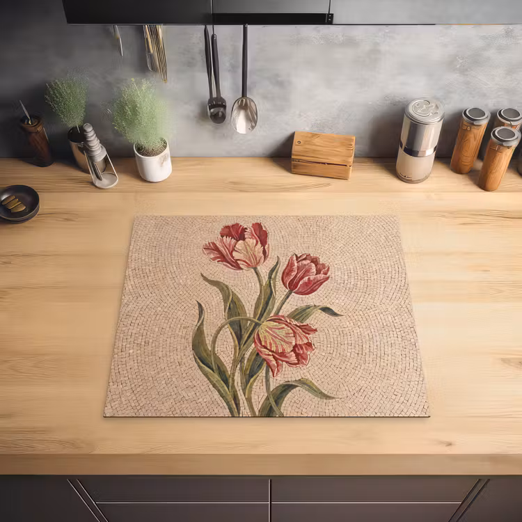 Bloemen - Mozaïek - Rood - Groen - Kunst Inductie beschermer vinyl 3mm middel -sfeer5
